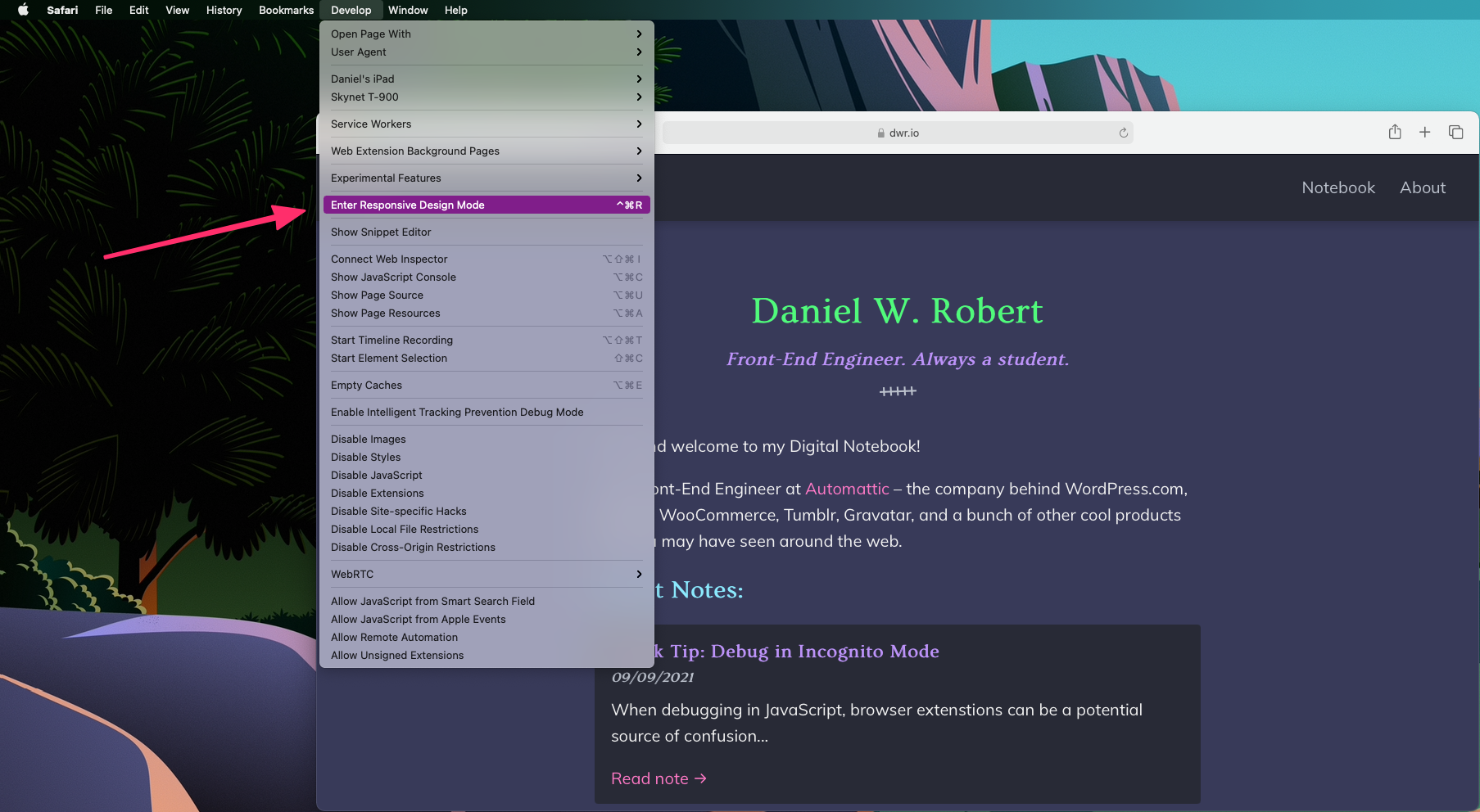 Safari - Enter Responsive Design Mode menu item